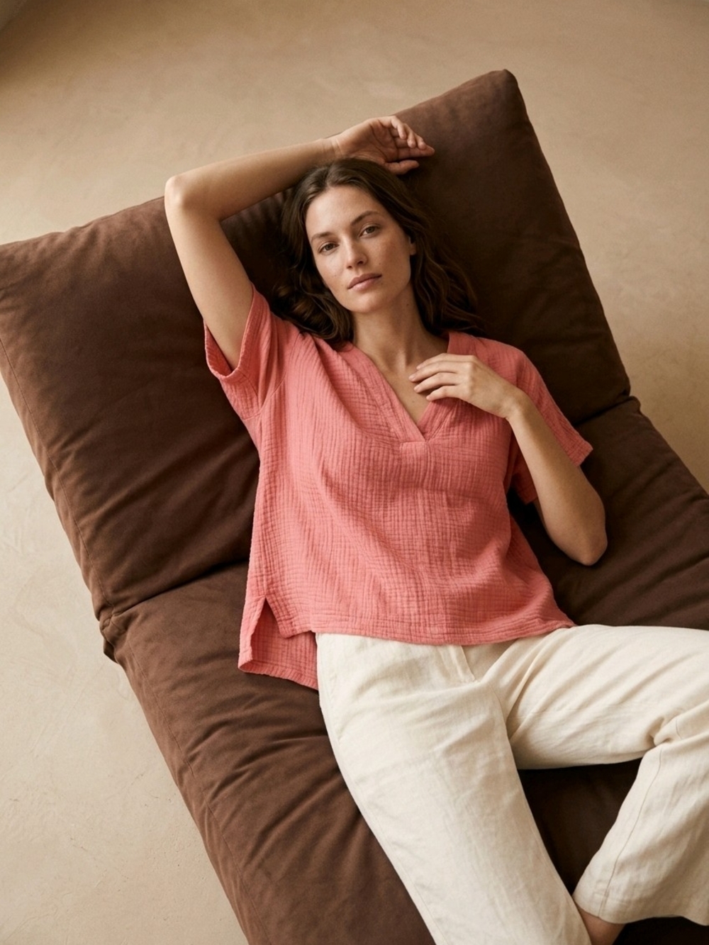 Susan Graver Coral V-Neck Cotton Gauze Top